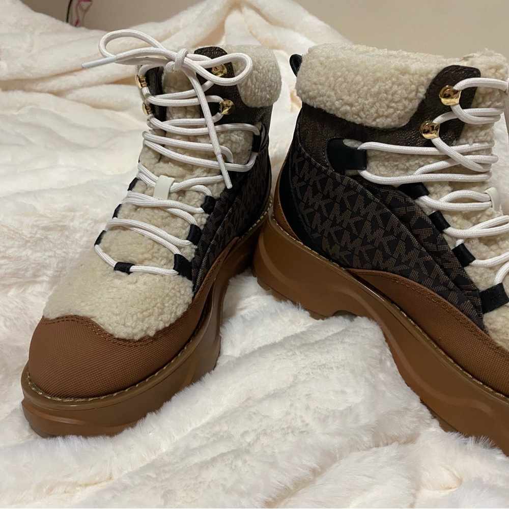 Michael Kors Brown and Cream Lace-Up Shearling Lug Boots